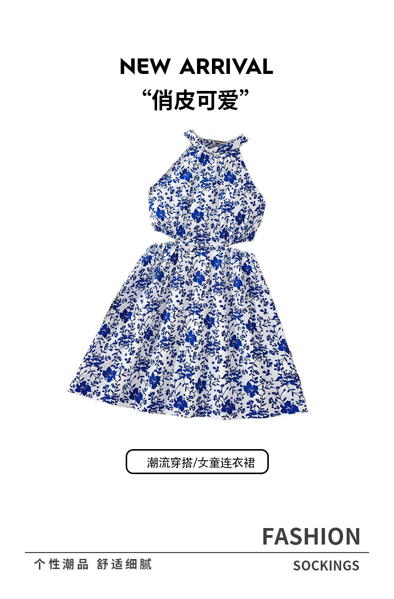 summer romantic sweet country style floral dress - export quality, mid-to-large size, cutout waist tank dress for girls