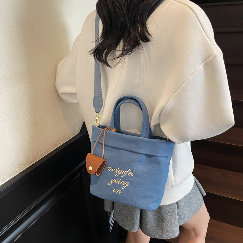 Cross-border alphabet canvas bag women's 2025 new trendy summer fashion bucket bag high-end large-capacity shoulder bag