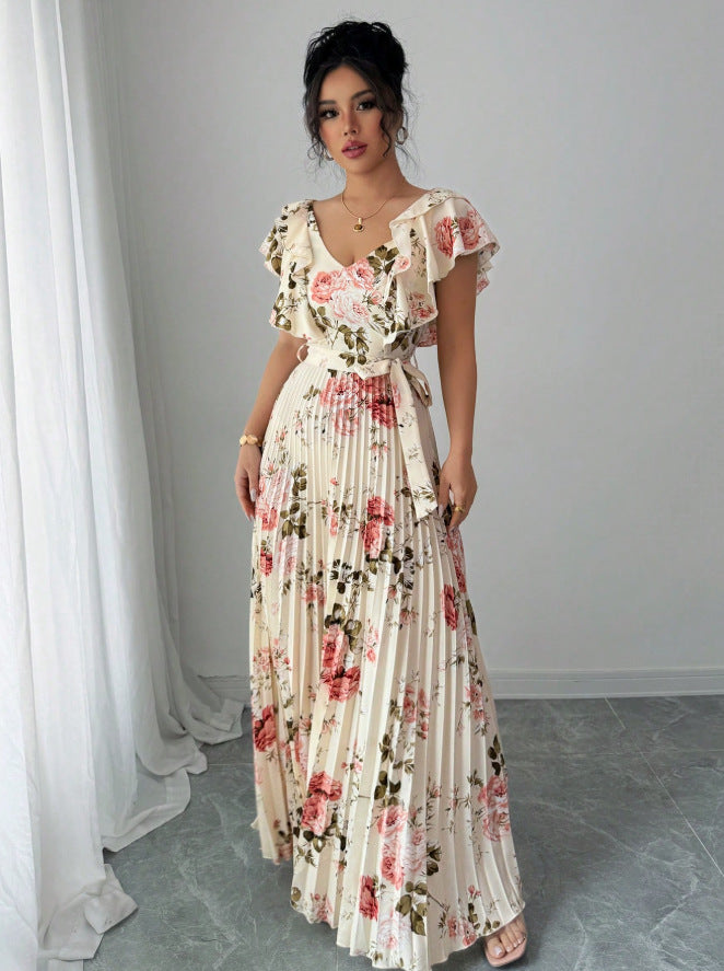 floral bubble sleeve french chic v-neck fitted waist maxi dress - printed floral summer dress