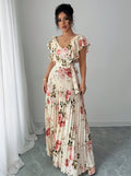 floral bubble sleeve french chic v-neck fitted waist maxi dress - printed floral summer dress
