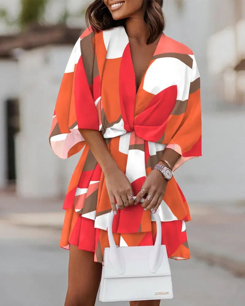 2023 new autumn v-neck loose batwing sleeve printed dress for women - perfect for independent stores, wish, and amazon