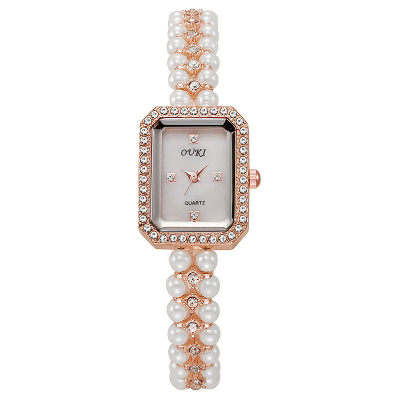 Ouki internet celebrity medieval pearl chain watch women's small mother-of-pearl dial small fragrant style diamond-encrusted women's watch silver