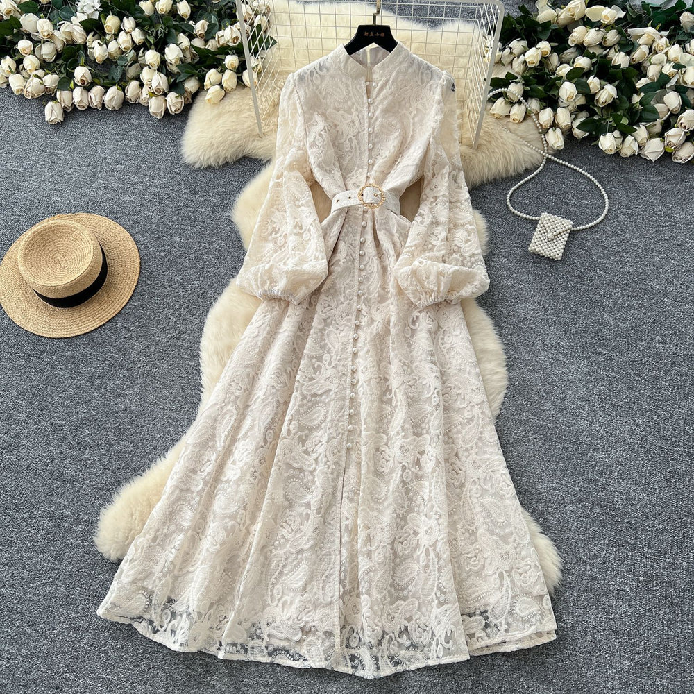 High-end elegance women's dress  new arrivalfrench heavy industry crochet waist single breasted silm lace long skirt