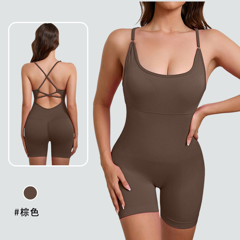 European and american style one-piece yoga bodysuit with removable padded bra, criss-cross back design, breathable, casual, activewear, and shaping bodysuit