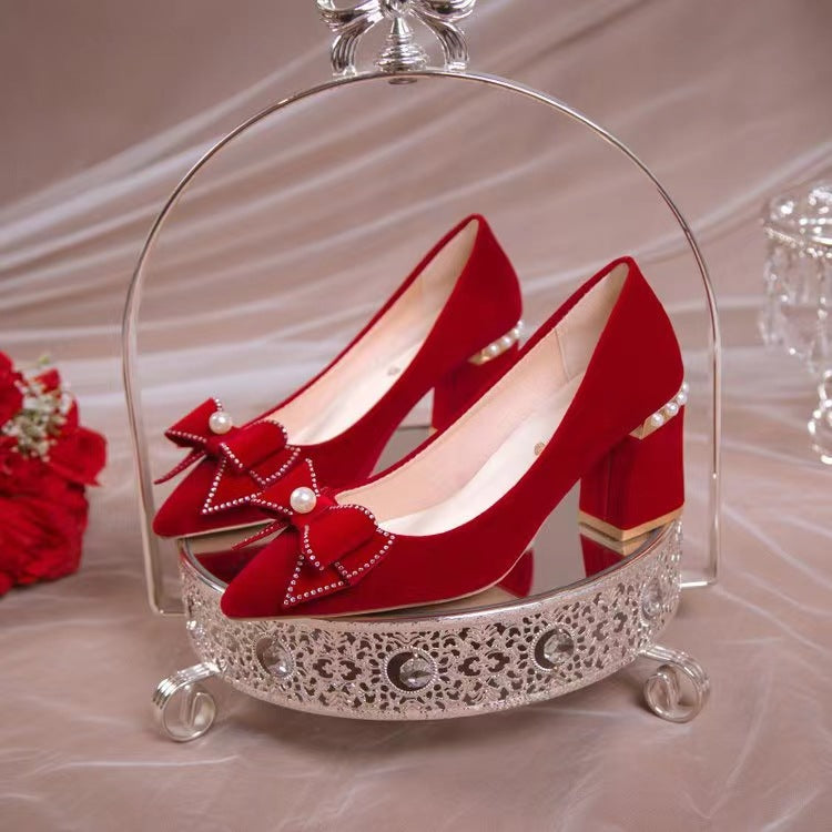 Chinese xiuhe wedding shoes for women 2024 new arrival wedding dress shoes thick heel non-tiring red engagement shoes bridal shoes