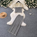 Frenchstripesknitting shirt high waist skirt two-piece set women's summer lazy work clothing styleelegantfashionsuit