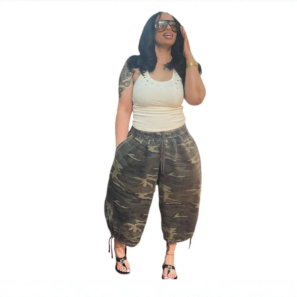 European and american style loose camouflage cropped jeans -  cross-border women's streetwear fashion wide leg denim pants