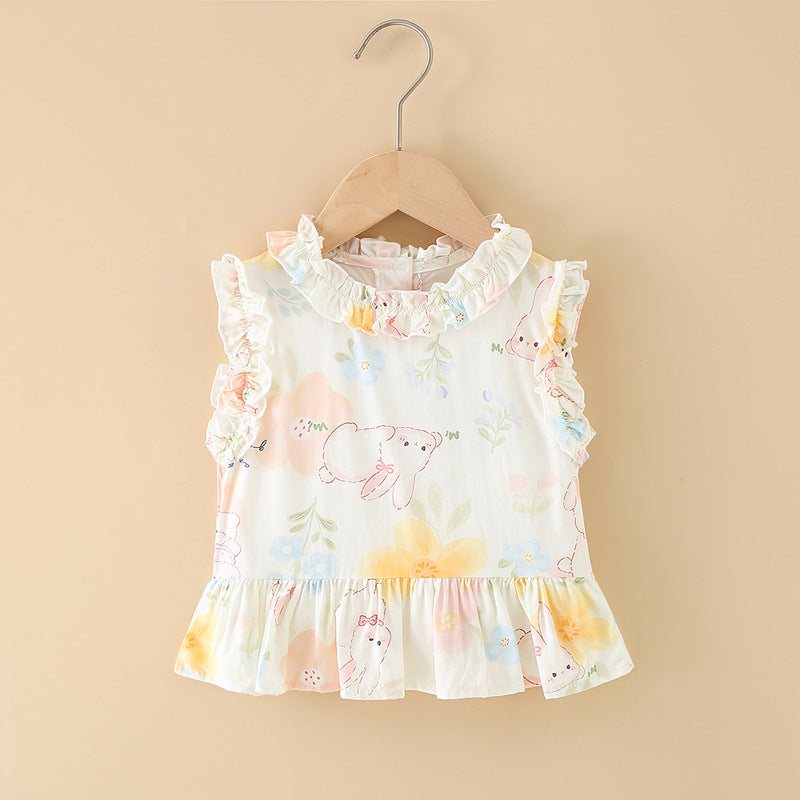Girls' cotton rayon top - cartoon print, loose-fit, breathable, cute summer lightweight pajama set with lace trim