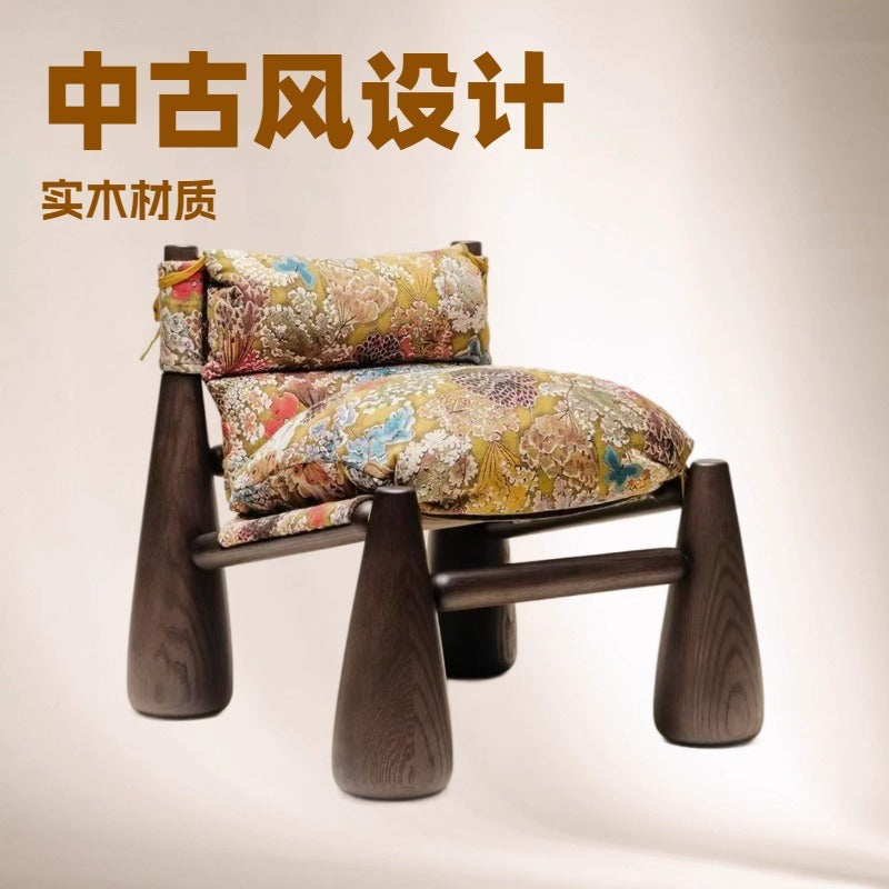 Vintage solid wood designer baseball chair - striped fabric accent chair for living room, single seater leisure chair, atmospheric sofa chair