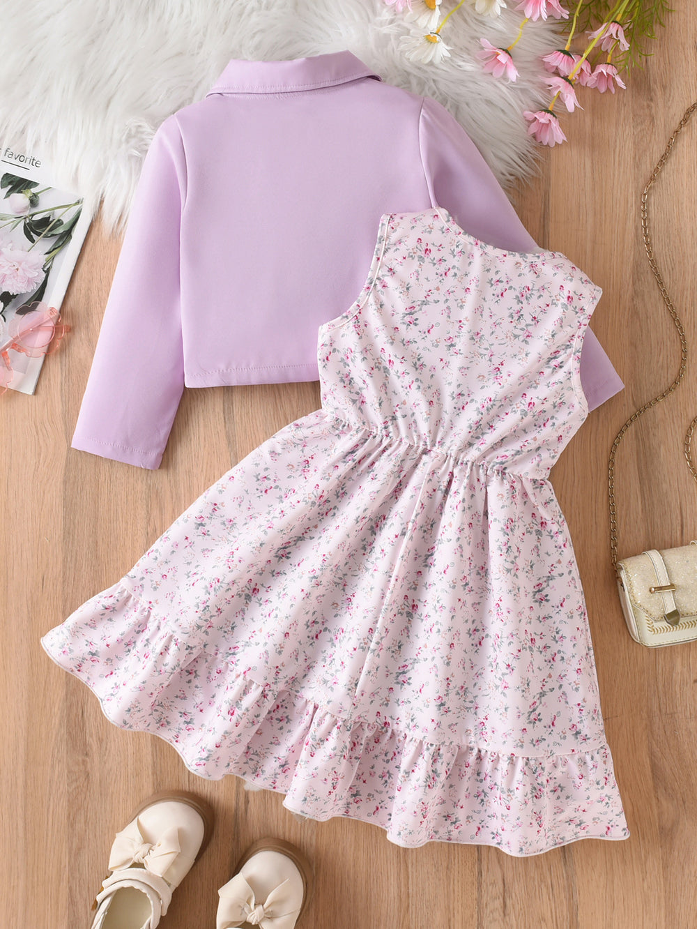 Girls' foreign trade outfit: taro purple turn-down collar jacket & vest with floral dress two-piece set - autumn children's dress