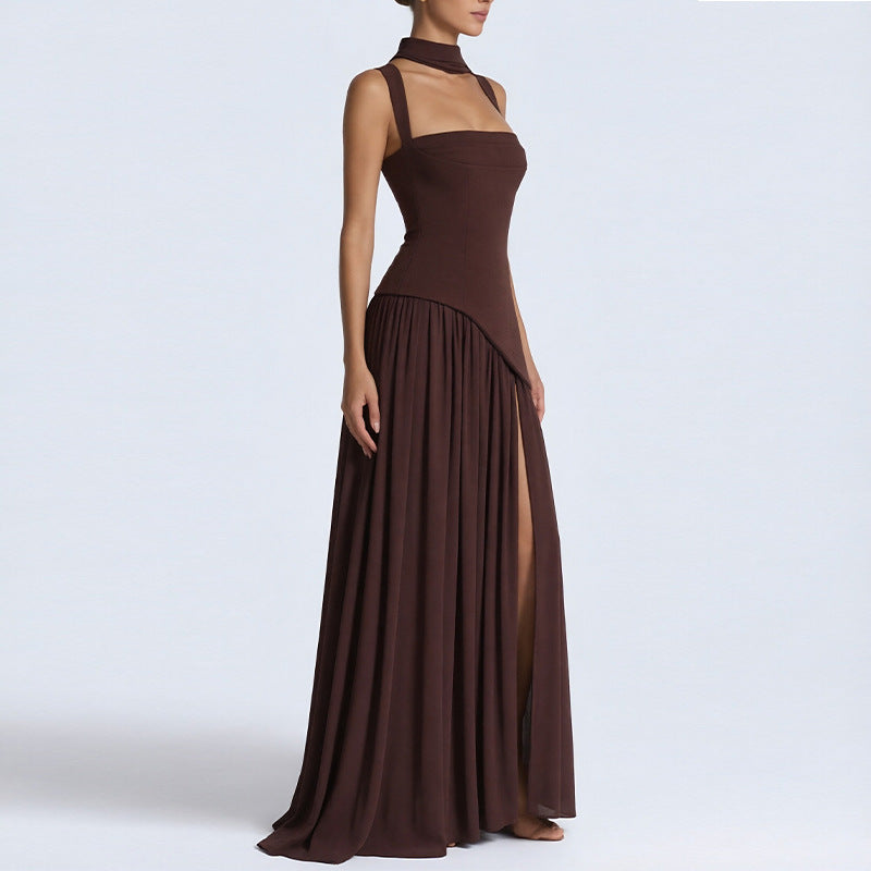 women's summer new arrivals:  cross-border fashion - european & american style, elegant solid color pleated slit dress
