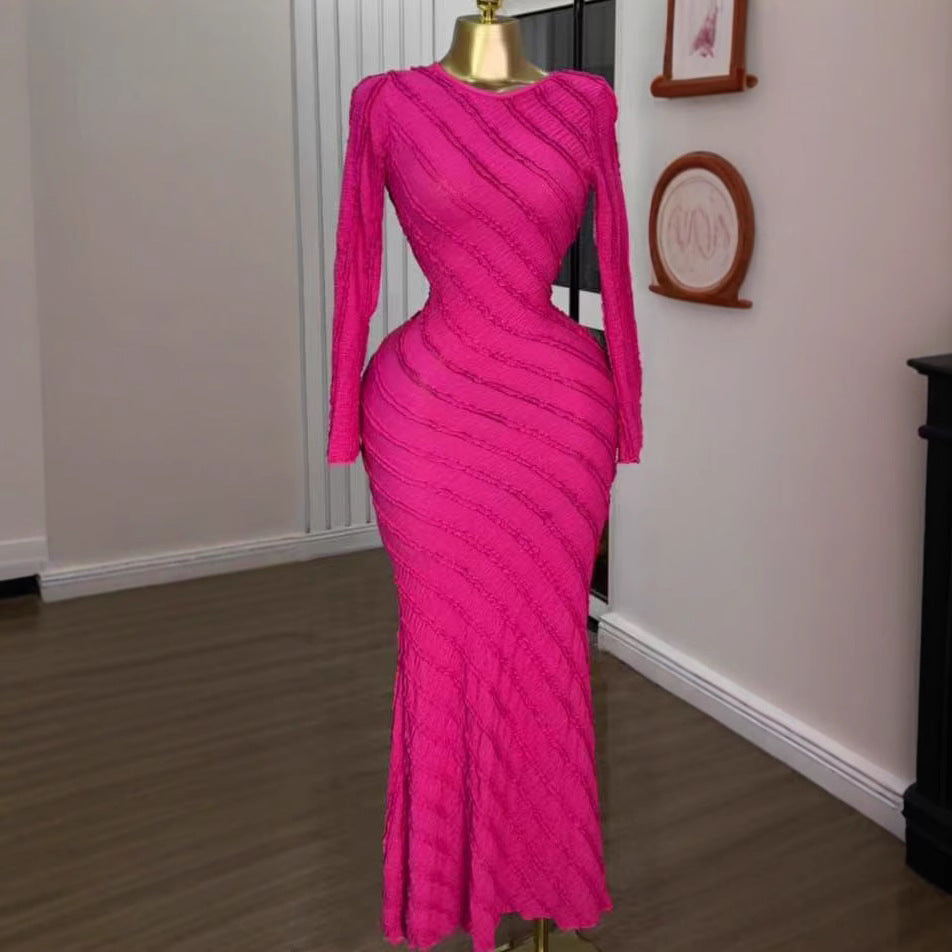 European and american women's clothing  summer new arrivals: sweet and fresh round neck long sleeve high waist slimming midi dress