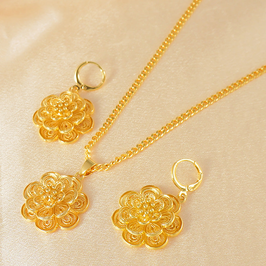 Middle eastern elegant style 2-piece jewelry set, luxurious gold-plated copper floral pendant necklace and earrings