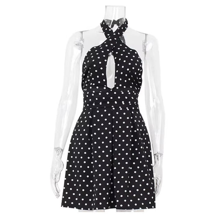 Sexy hot girl polka dot print dress - crisscross neck halter backless mini dress - petite-friendly, seriously stunning dress