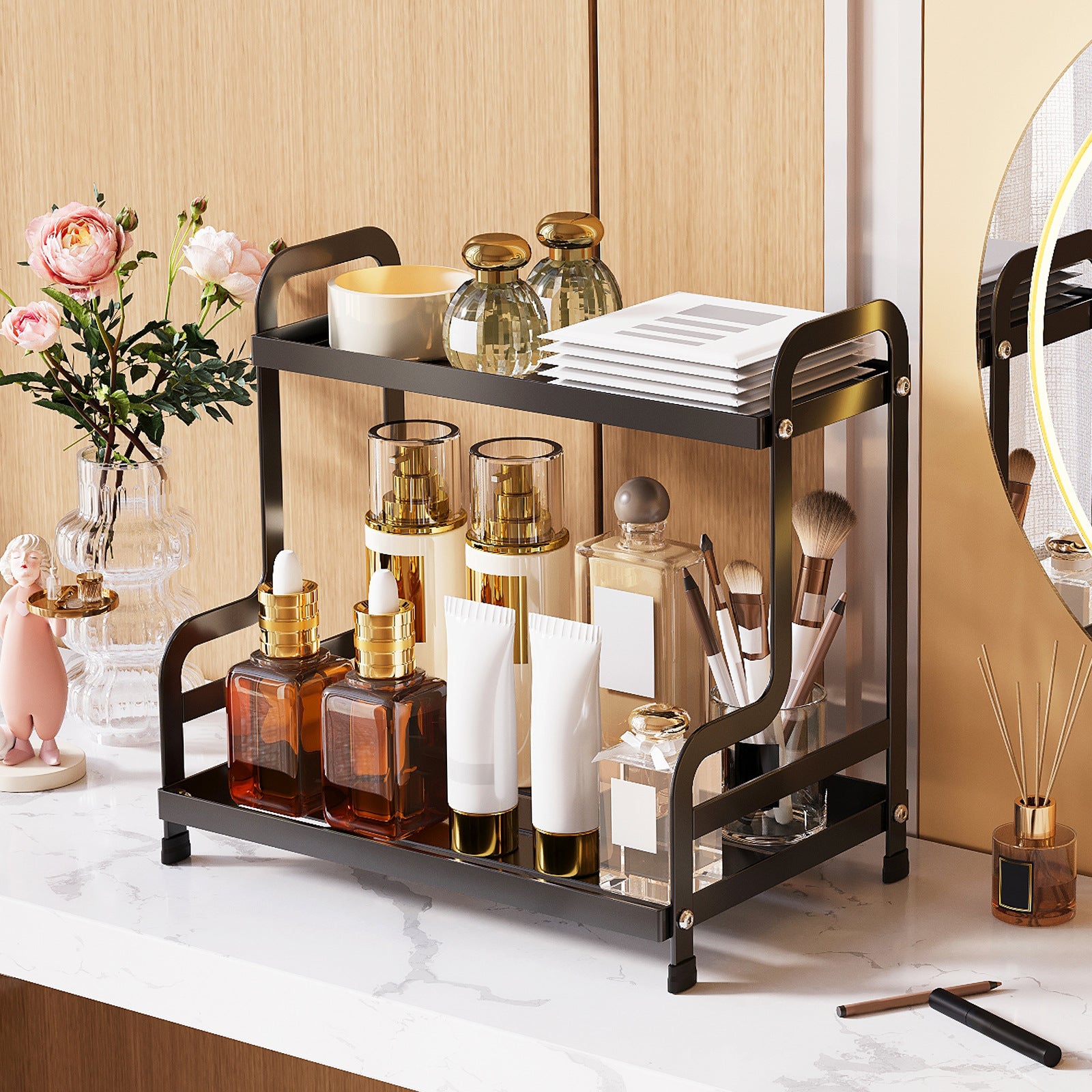 Double-layer cosmetics rack, skin care products, perfume storage box, bathroom finishing shelf, bathroom countertop, vanity rack.