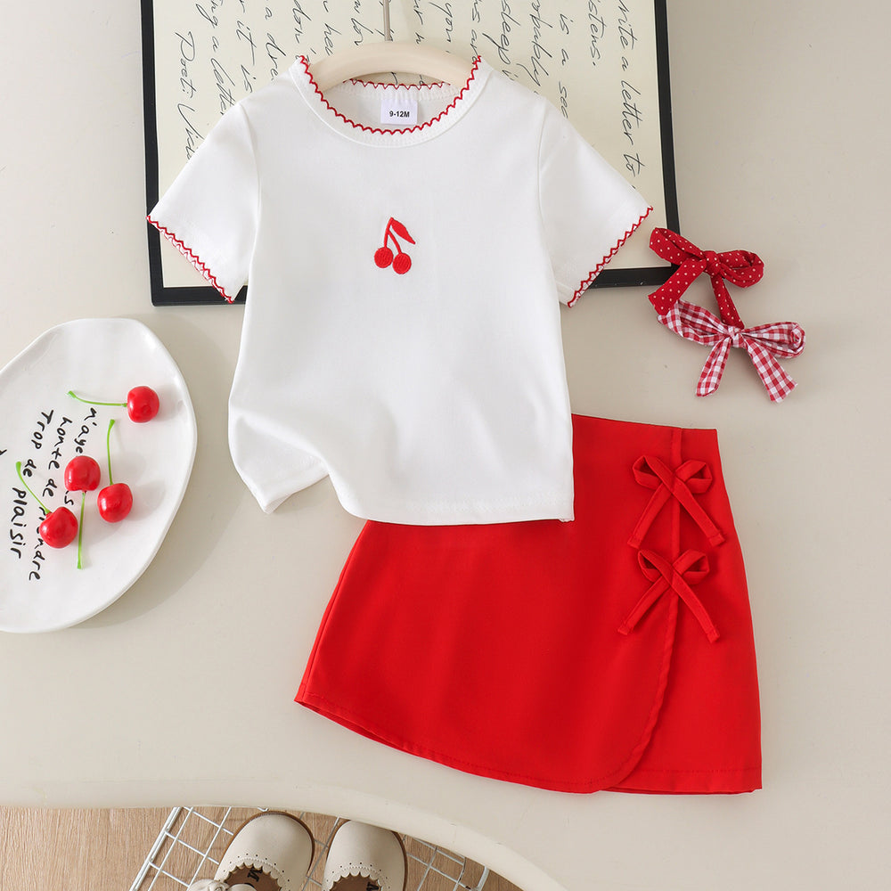 Baby clothing kids set children outfit white short-sleeved t-shirt + red skirt