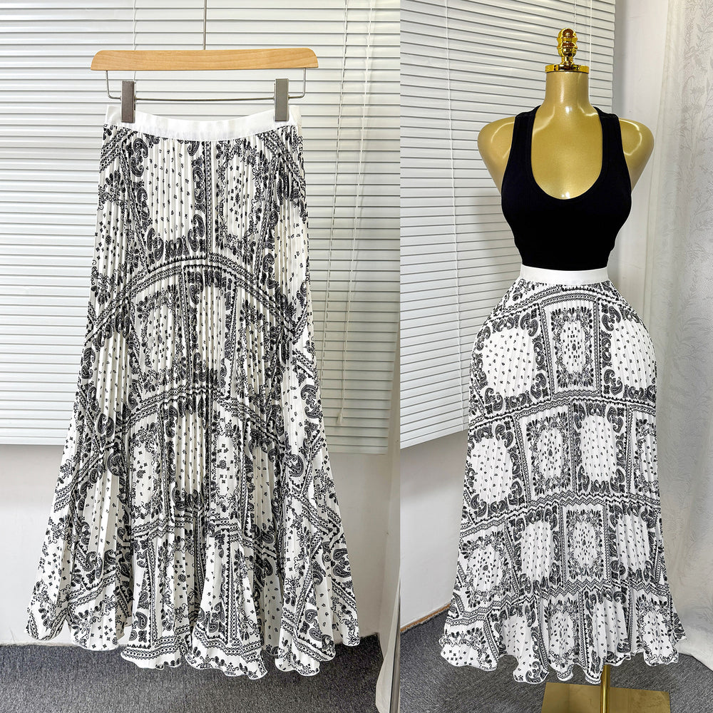 Exportsweeteasiest for matchpleated skirt large swing printing skirt women's frenchhigh waista-line medium long pleated skirt