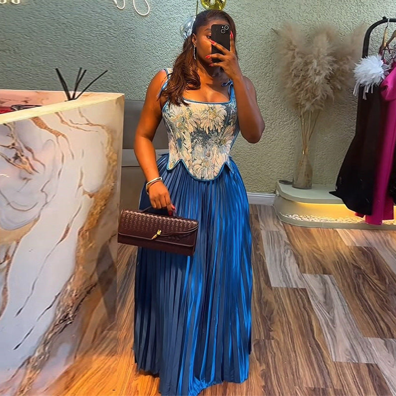 European and american women's clothing  summer new sweet and fresh printed cinched waist tank top and high-waisted pleated skirt two-piece set