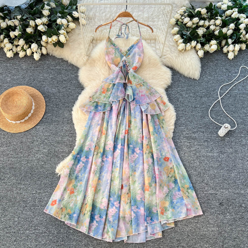 Stunning romantic v-neck floral sundress - dye-sublimated dopamine dress with ruffle hem, perfect for vacation