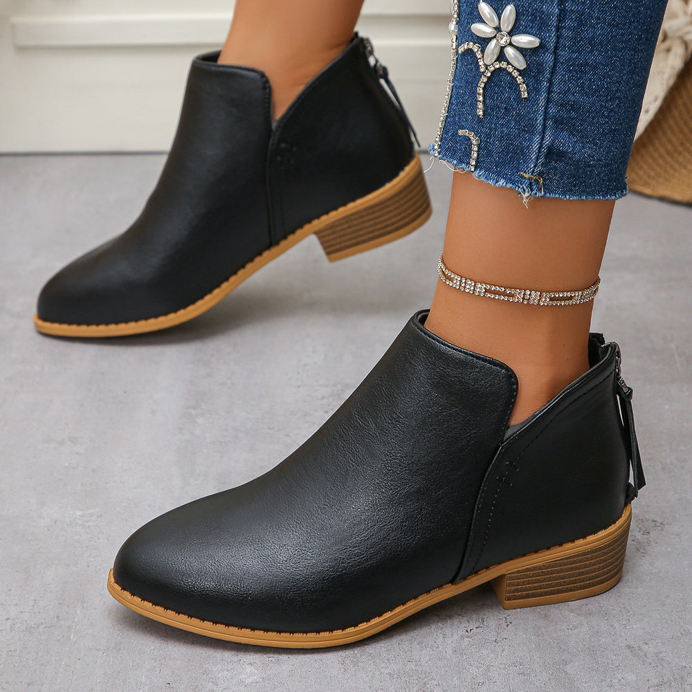 Fashionexportplus size leather boots women's boots pure colorslimming look pointed toe back zipper casualthick sole thick heel boots women's single