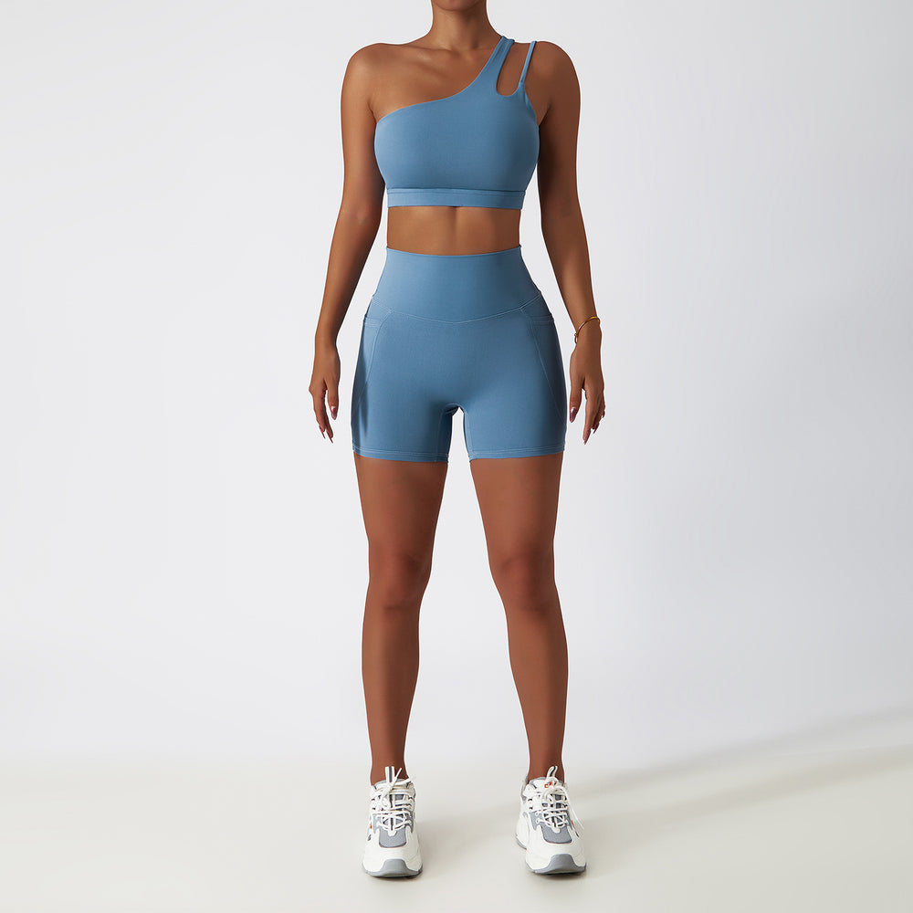 breathable quick-drying tight-fitting yoga clothes flap pocket pants running sports suit diagonal shoulder naked fitness suit6425