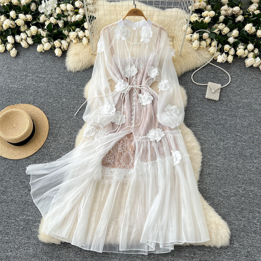 French fairy vacation dress women's  autumn 3d floral tie-up single-breasted mesh dress + slip dress