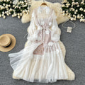 French fairy vacation dress women's  autumn 3d floral tie-up single-breasted mesh dress + slip dress