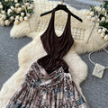 Classy atmosphere retro leopard print patchwork slit suspender dress women's high waist strap long skirt niche stylesummer
