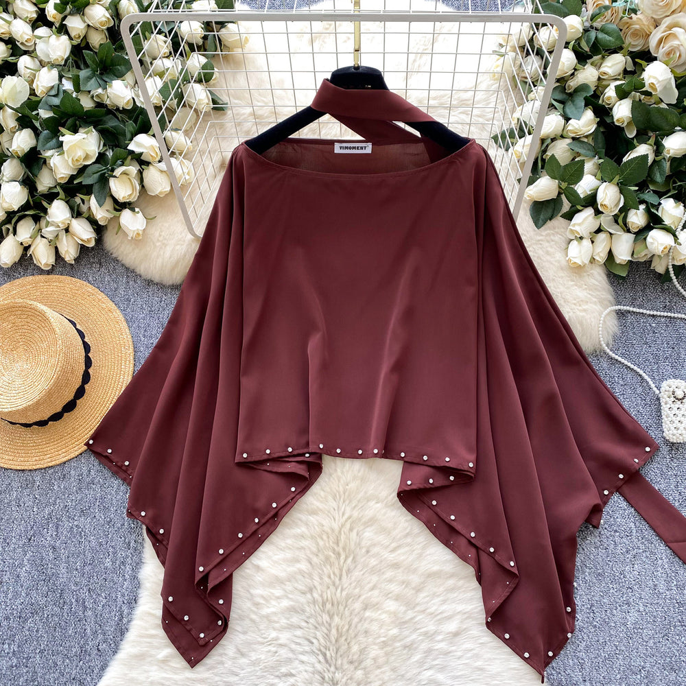 Classy sense of niche autumn wear lazy style asymmetrical bat sleeve shirt women's autumfashion beaded loose blouse trendy