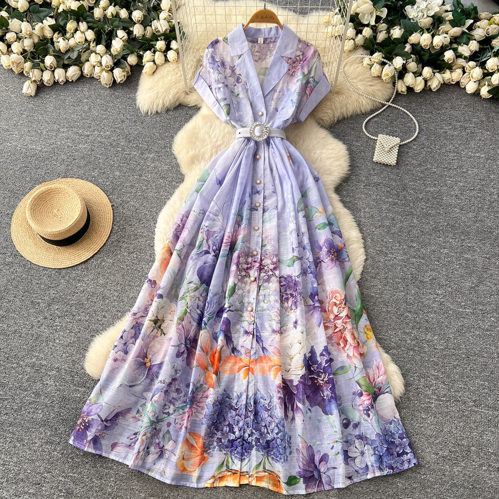 French country style printed sleeveless dress - women's summer korean high-waisted slimming a-line maxi dress - elegant commute dress