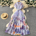 French country style printed sleeveless dress - women's summer korean high-waisted slimming a-line maxi dress - elegant commute dress