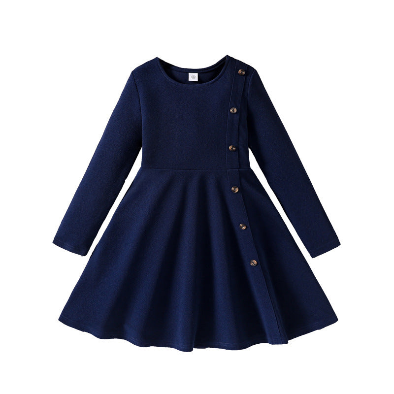 girls' clothing,  autumn/winter new arrivals, european and american style, export-quality, big kids' long-sleeved, side-button, casual and elegant dress