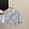 Spring new korean style blue drawstring shirt for girls, casual and fashionable baby girl's clothes, trendy children's apparel