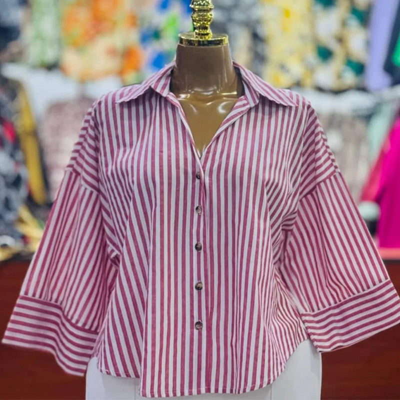 European and american cross-border women's fashion:  spring new arrivals - stylish, designer-inspired, unique turn-down collar, loose-fit striped blouse