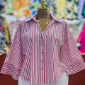 European and american cross-border women's fashion:  spring new arrivals - stylish, designer-inspired, unique turn-down collar, loose-fit striped blouse