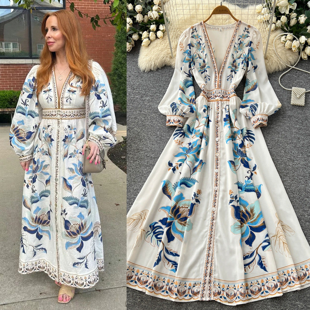 Frencheleganceretro style printingsilmdress women's long sleevesv neck waist slimming look a-line long skirt classy sense