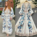Frencheleganceretro style printingsilmdress women's long sleevesv neck waist slimming look a-line long skirt classy sense