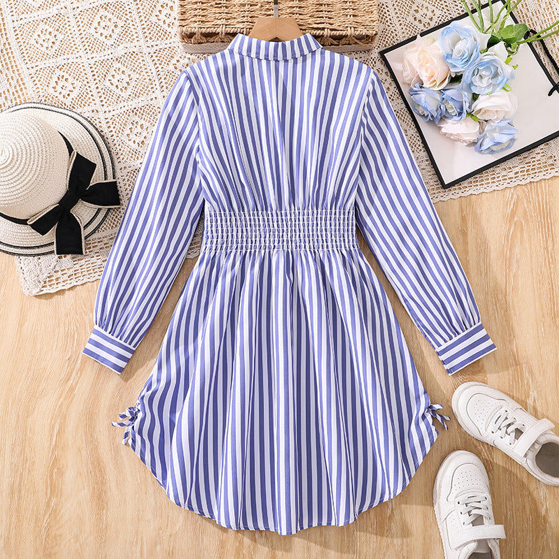 cross-border girls' dress: new spring/autumn casual striped turn-down collar button-down long sleeve side drawstring shirt dress