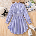 cross-border girls' dress: new spring/autumn casual striped turn-down collar button-down long sleeve side drawstring shirt dress