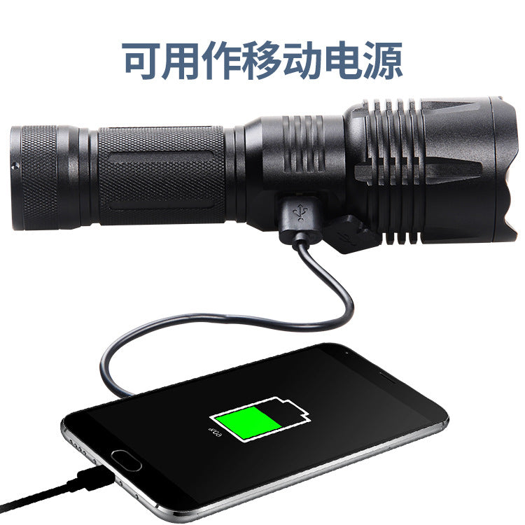 Cross-border new P70 strong light USB charging output, with power display LED telescopic zoom white laser flashlight