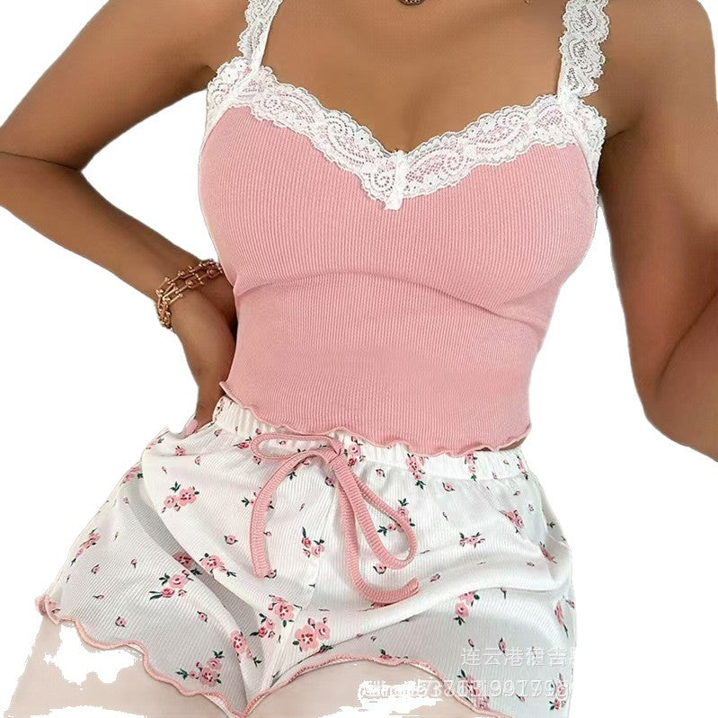 European and american style sexy lace trim camisole nightgown women's outerwear slim fit two-piece loungewear set - suitable for wearing outdoors