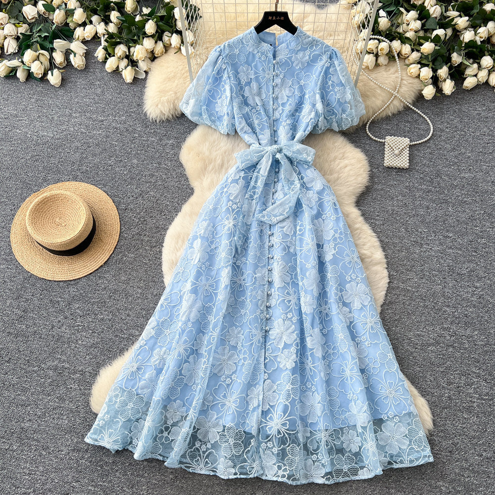 Elegant lace embroidered maxi dress for women - high waist a-line, perfect for summer, work, and evening events