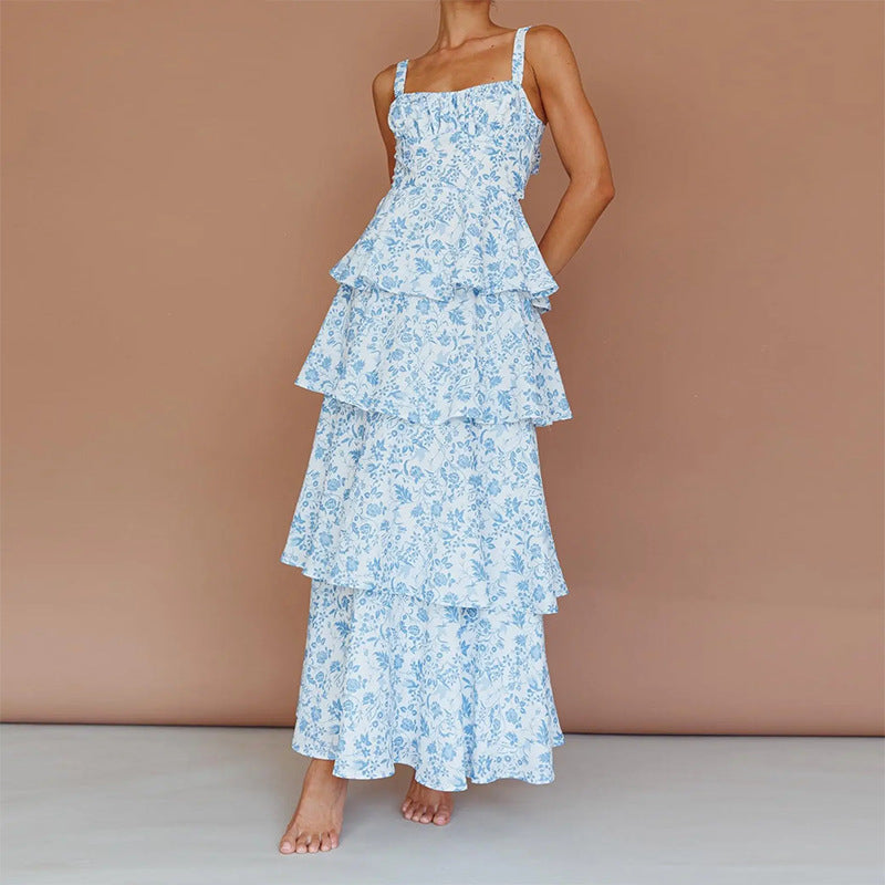 cross-border european and american women's clothing: summer dress for women, fashionable and fresh floral print spaghetti strap tiered maxi dress