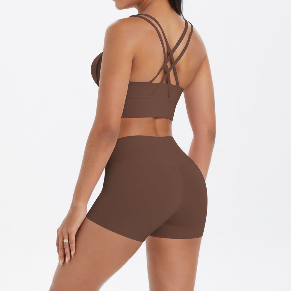 Fashion cross-border nude brushed cross back bra casual sports hip lifting shorts fitness yoga wear two-piece set