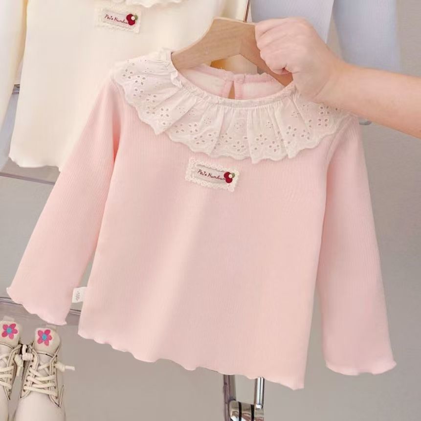 【dropshipping】girls' fleece-lined base layer top -  autumn/winter kids' one-piece fleece top with lace collar - baby top