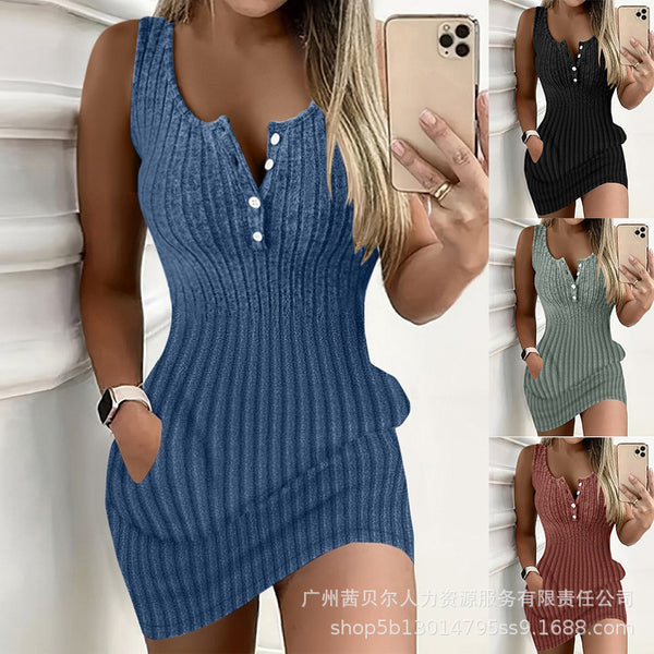 ODS3705Y European and American new summer vest button insert bag pit strip tight casual skirt