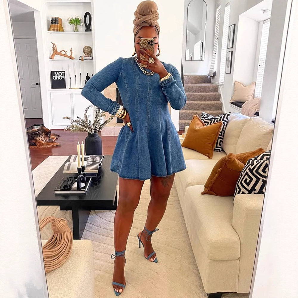 European and american style pleated denim a-line skirt -  cross-border women's fashion - new autumn/winter trendy patchwork denim dress