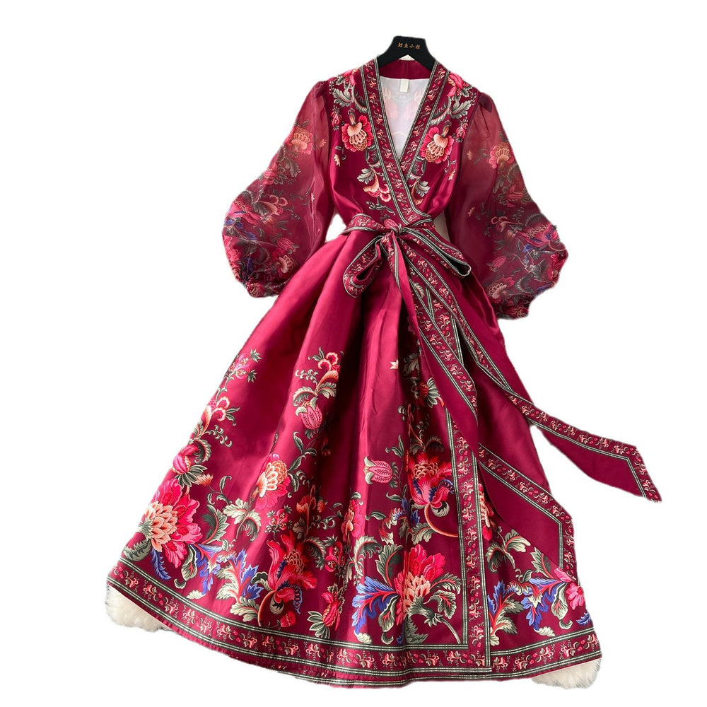 European and american retro court style dress - women's spring/autumn french tie-waist v-neck lantern sleeve printed maxi dress