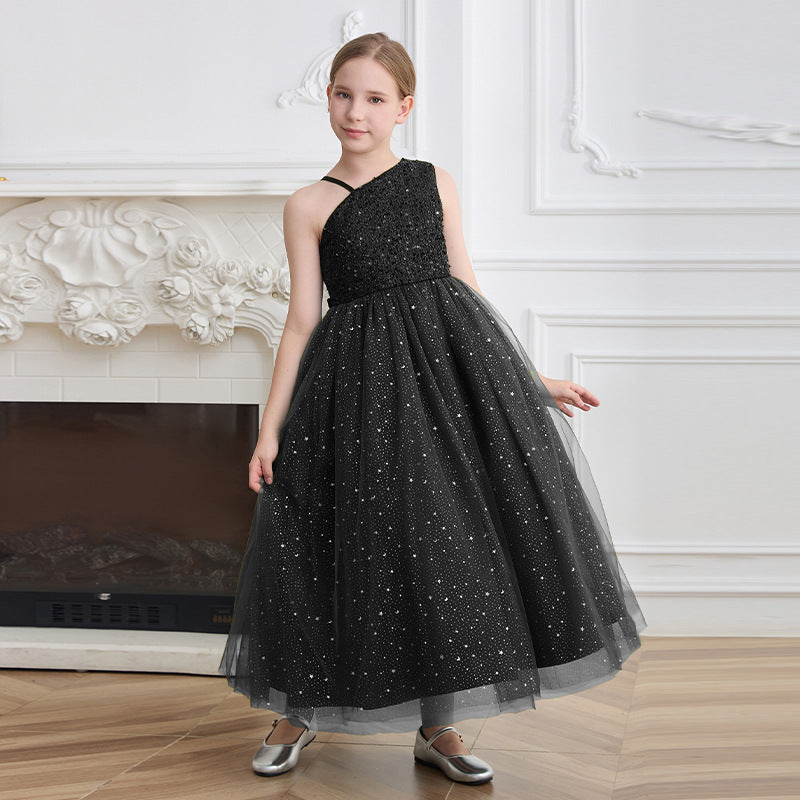 European and american export custom girls' dresses - one-shoulder, off-the-shoulder formal gowns - high-end sequin runway host/performance costumes for children