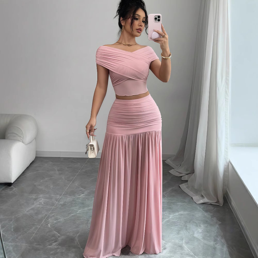 European and american cross-border women's fashion:  summer new arrival - solid color off-the-shoulder top with cinched waist pleated panel skirt two-piece set